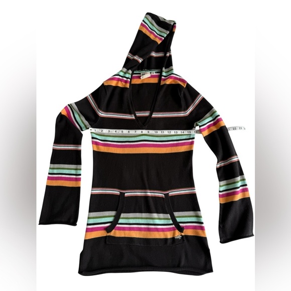 Roxy Hoodie Sweater M Black Multicolor Striped Long Sleeve Kangaroo Pocket Y2K - Picture 6 of 8